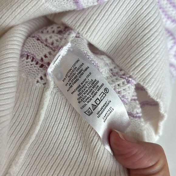 LOFT Striped Pointelle Puff Sleeve Sweater Tee knit Women Pastel Wave Sweater M - Picture 6 of 8